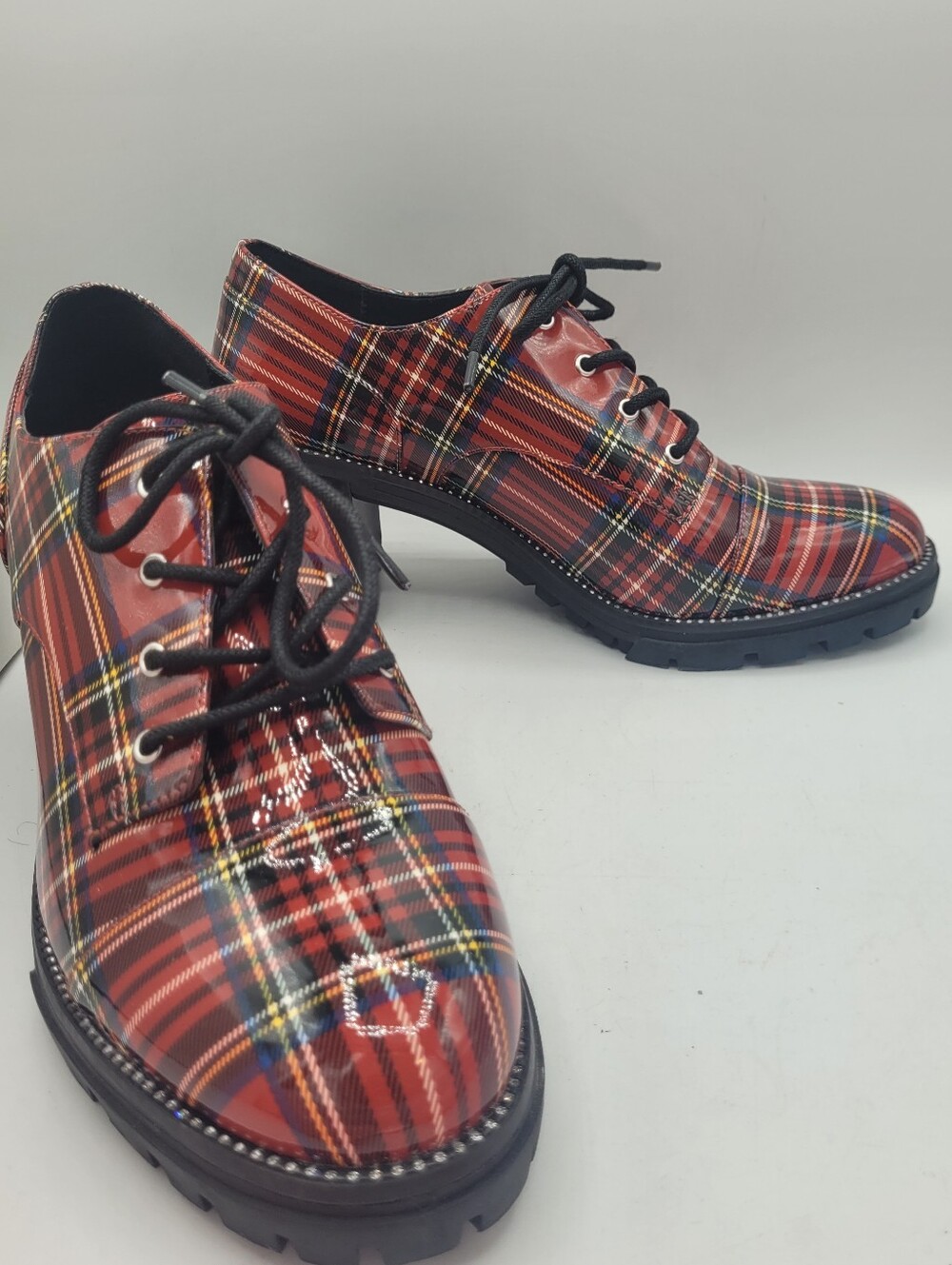 Jessica Simpson Resina red plaid Tartan chunky 3.25" heel oxfords - Picture 4 of 16